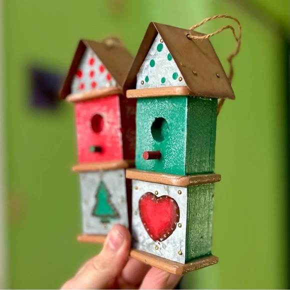 Vintage Festive Winter Handmade Wooden Bird House Wall Hanging Home Decor Set - Picture 2 of 8